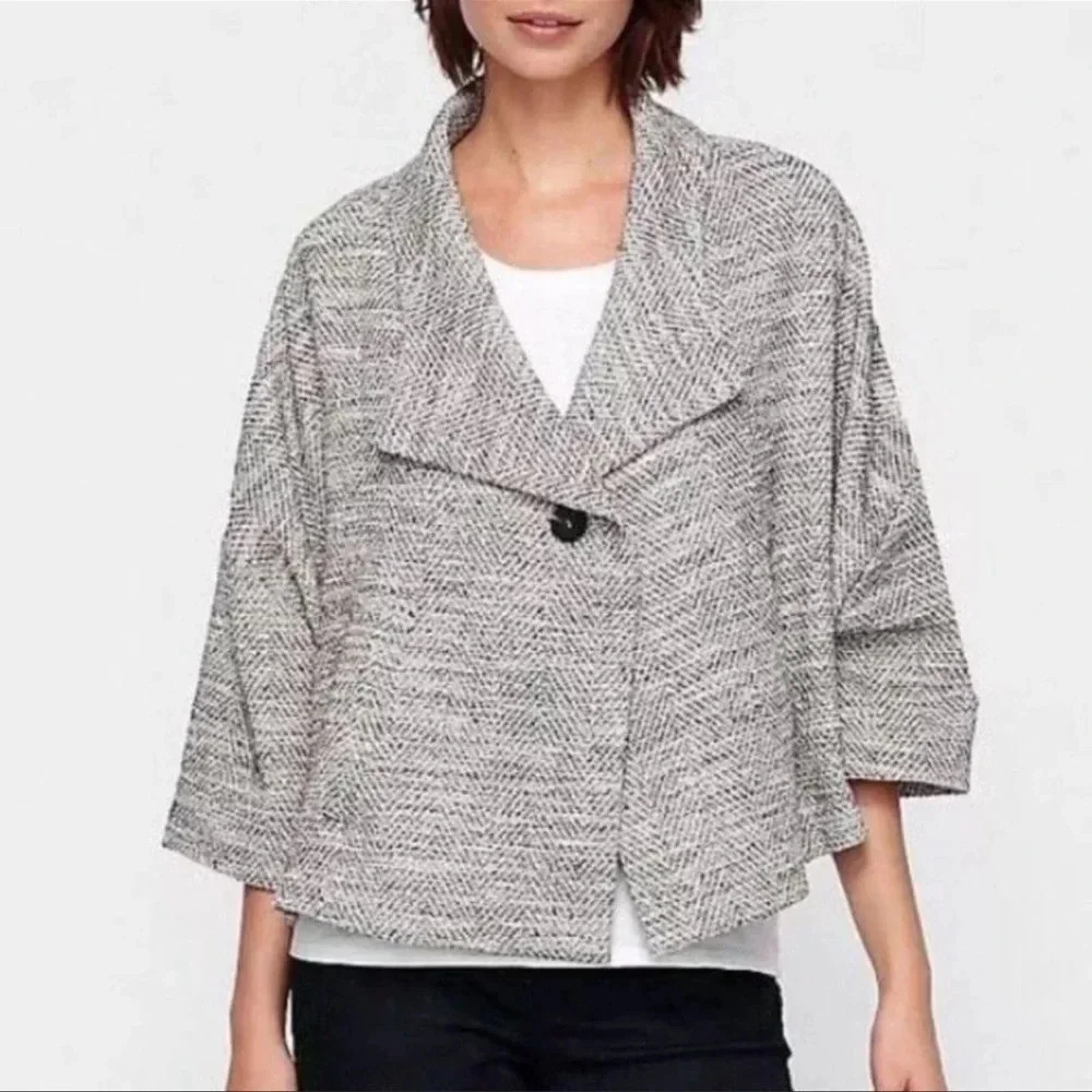 Eileen Fisher Herringbone Tweed A-Line Swing Jacket